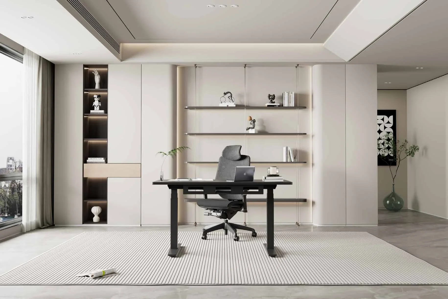 FlexiSpot E7 Pro. Symmetrical minimal beige study with a black-frame desk and black top, black mesh chair and lit wall shelving.