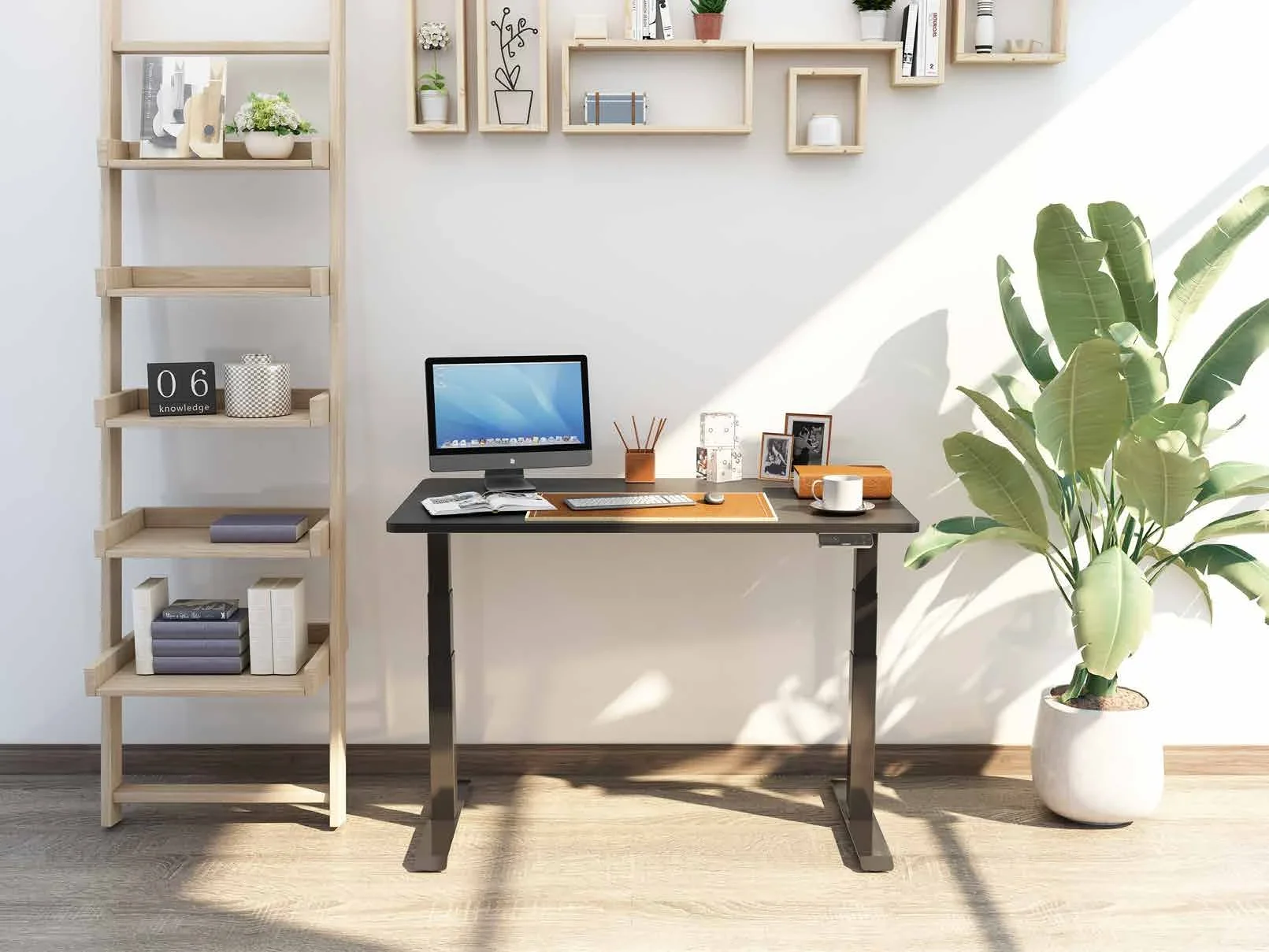 FlexiSpot E7. Bright room with a black-frame desk and dark top, an iMac, a leaning ladder shelf and a large potted plant.
