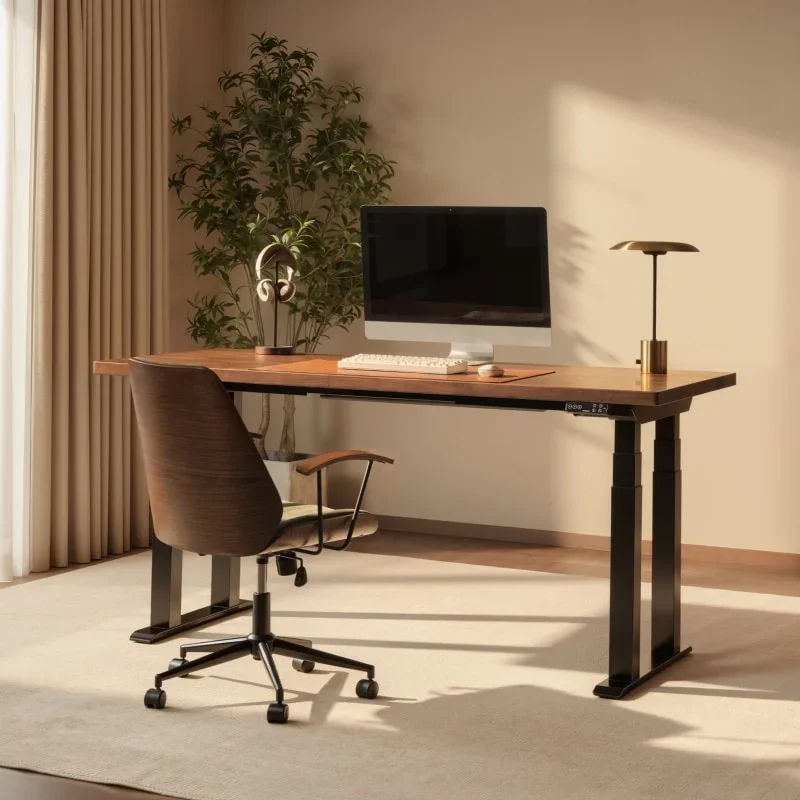 FlexiSpot E7 Plus Max. Front view of the E7 Plus Max with a walnut top and black frame in a warm beige study with an iMac, lamp, plant and a wooden chair.