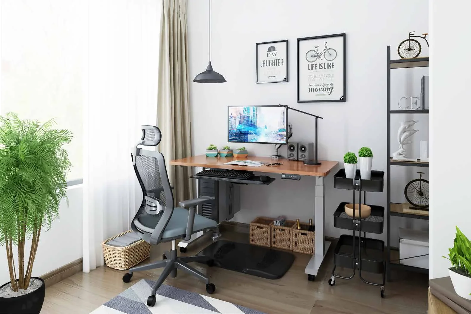 Home office corner with a white/light-grey frame desk and walnut-look top, monitor, mesh chair, storage cart and framed posters.