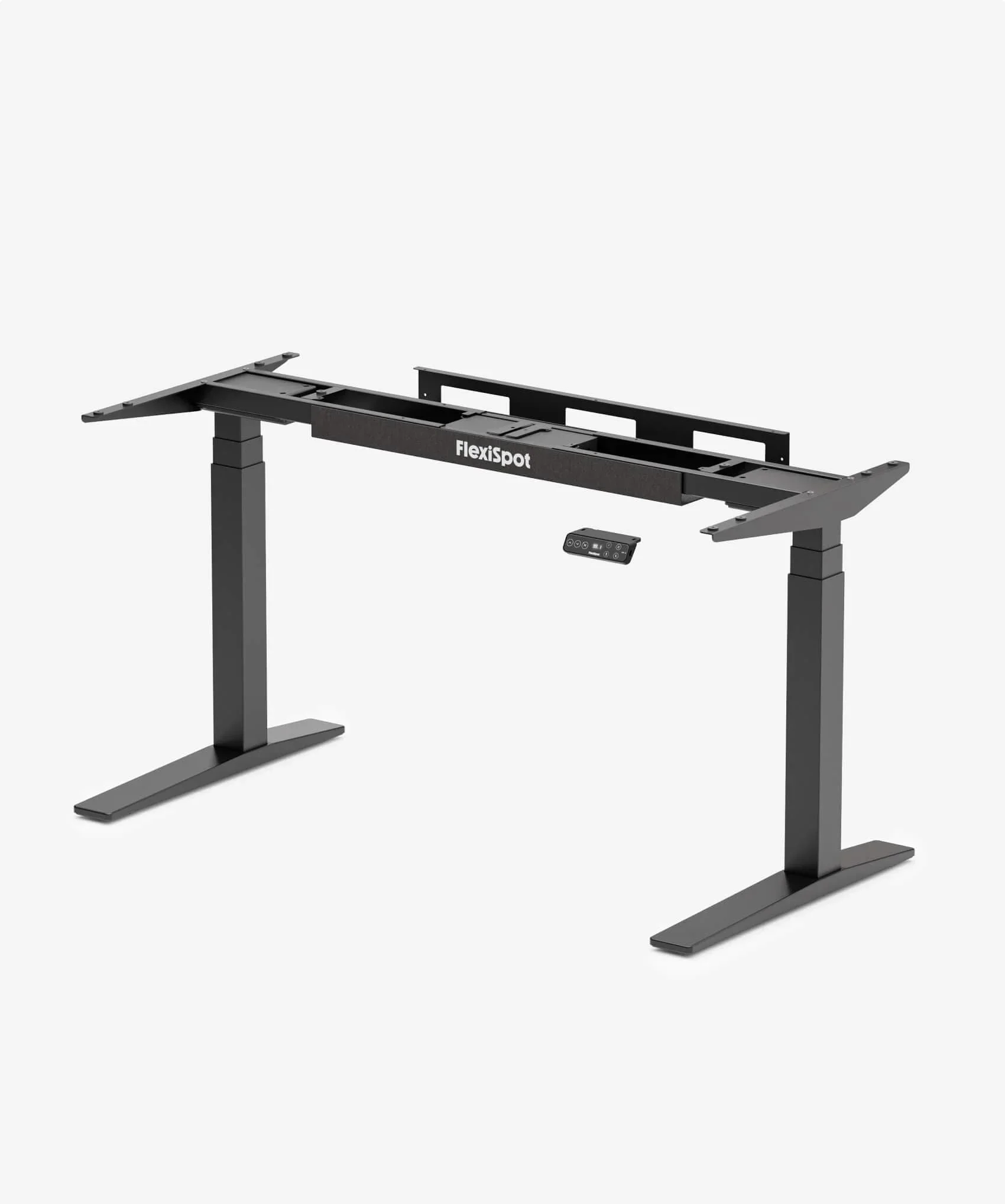Black E7 Pro frame with C-shaped legs, FlexiSpot-branded crossbeam, cable tray and keypad on light grey, no top.