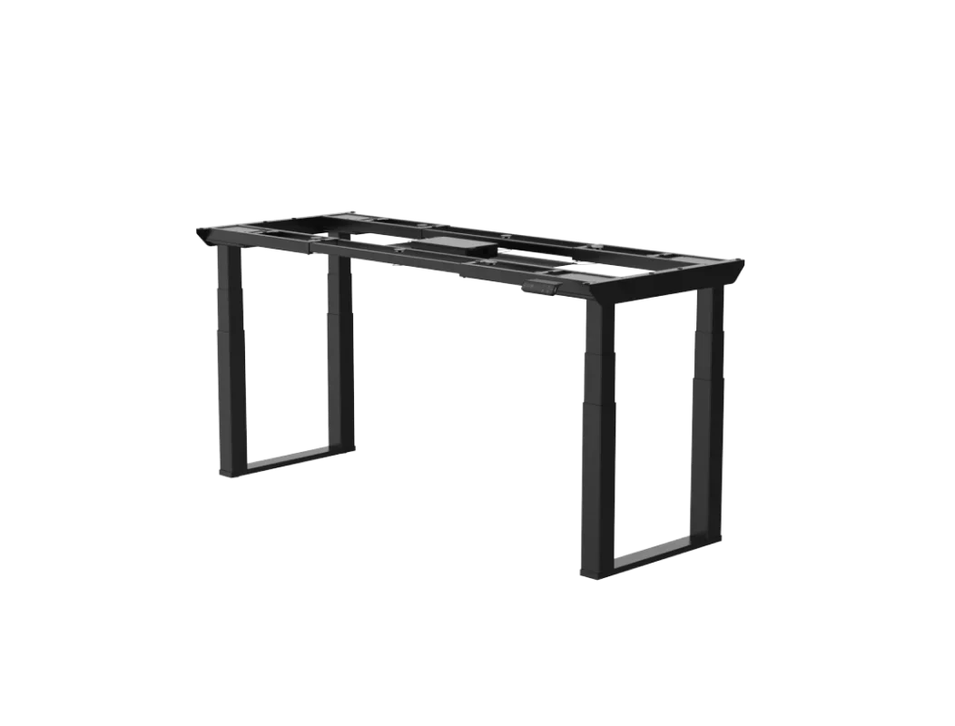 E7 Plus Max electric standing desk. E7 Plus Max black four-leg frame without top, three-quarter view on light grey.