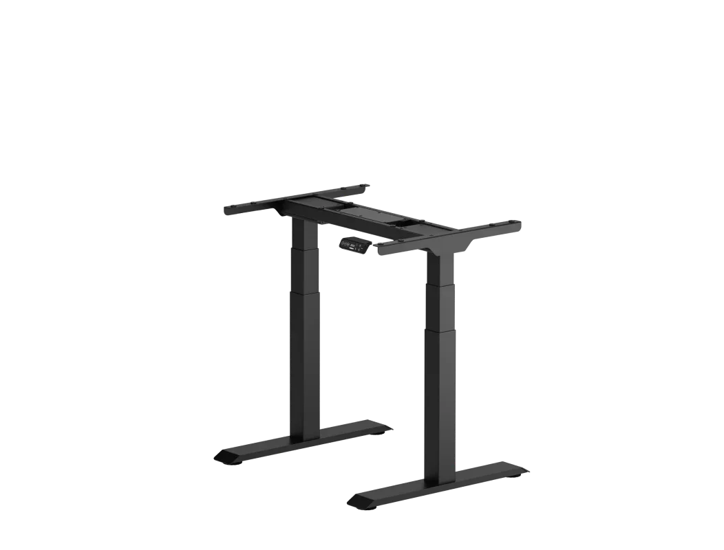 E7 Mini electric standing desk. Black compact dual-motor frame with keypad on a plain white background, no top.