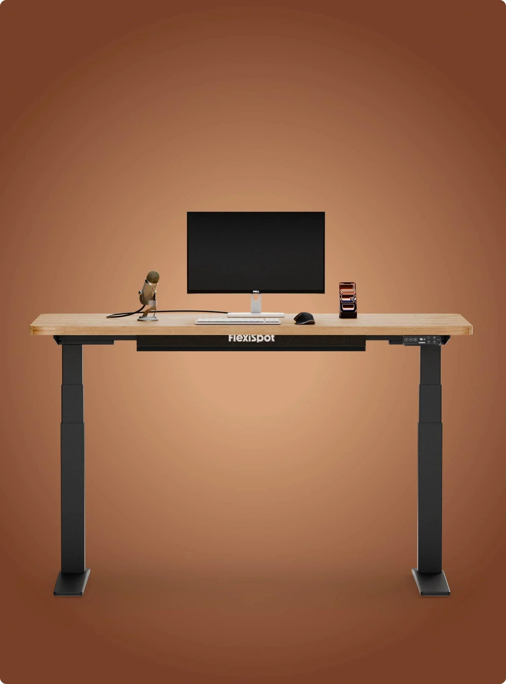 Black frame with a light solid wood top, monitor and phone on a copper-brown gradient background.